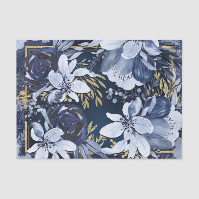 Papel De Seda Floral acuática moderna de color azul marino y dor (Anverso)