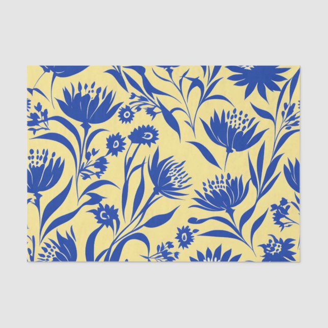 Papel De Seda Floral Azul De Cornflower Moderna Sobre Amarillo (Anverso)