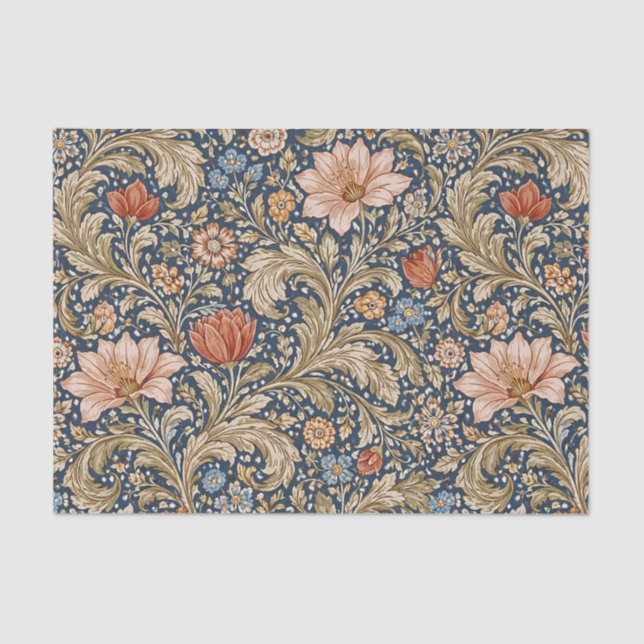Papel De Seda Floral Azul Marino Vintage (Anverso)