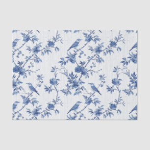 Papel De Seda Floral azul oriental con pájaros y pinstripes