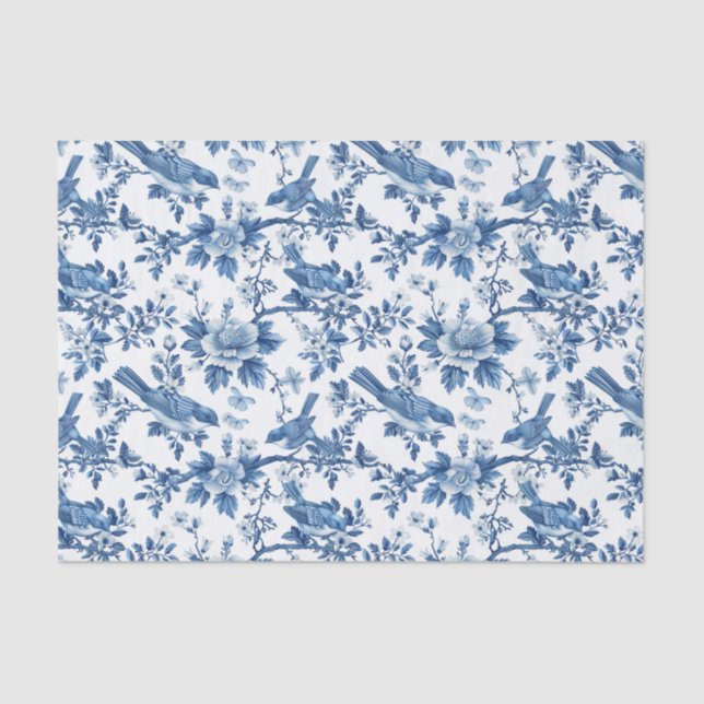 Papel De Seda Floral azul oriental con patrón de pájaros (Anverso)