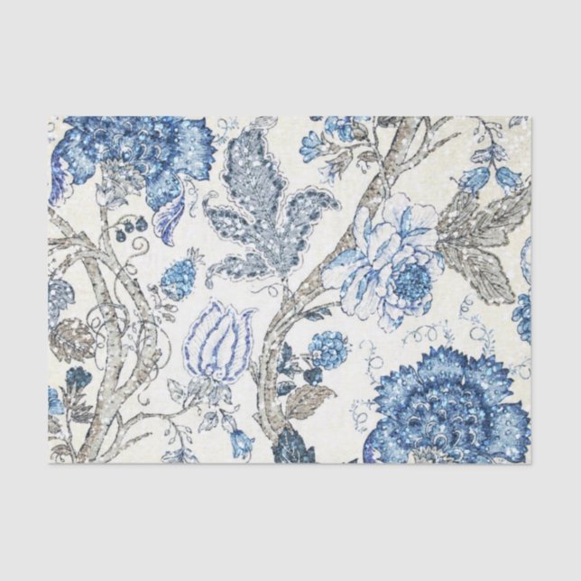 Papel De Seda Floral azul purpurinoso en blanco puro (Anverso)