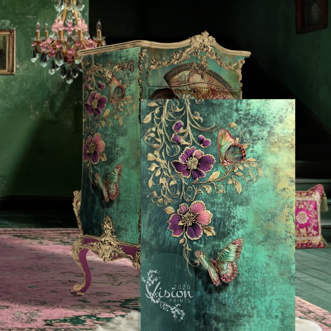 Papel De Seda Floral barroca, mariposas fantasmas Verde azuladas (Butterfly Baroque Fantasy, Teal Patina, Plum Highlights, Decoupage Tissue Paper)