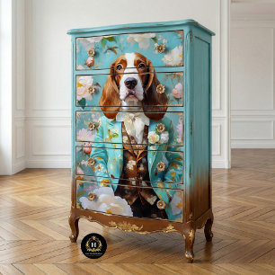 Papel De Seda Floral Basset Hound en Traje Verde Azul Decoupage