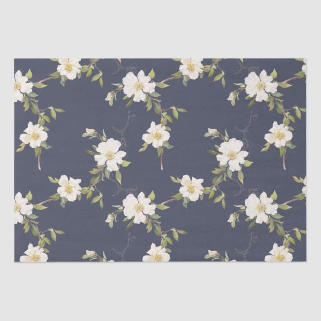 Papel De Seda Floral blanca azul marina (Anverso)