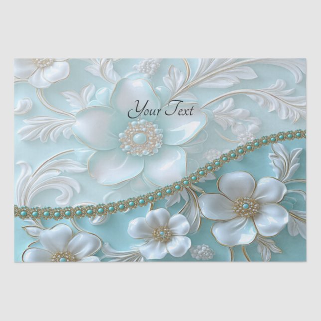 Papel de seda floral blanco azul verdoso (Anverso)