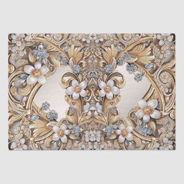 Papel de seda floral blanco dorado decorativo (Anverso)
