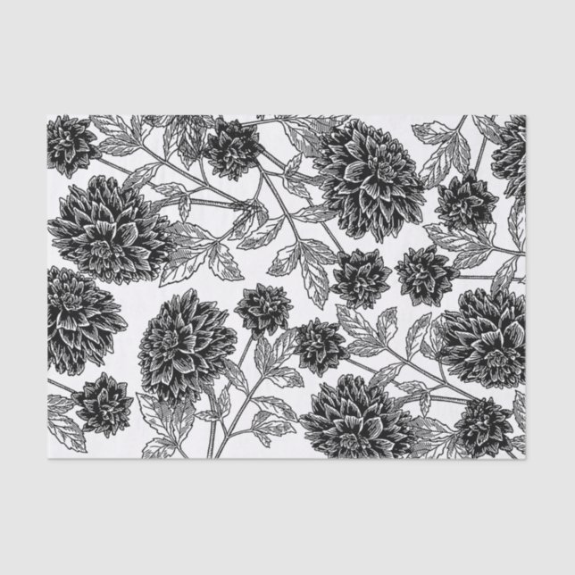 Papel De Seda Floral blanco y negro elegante (Anverso)