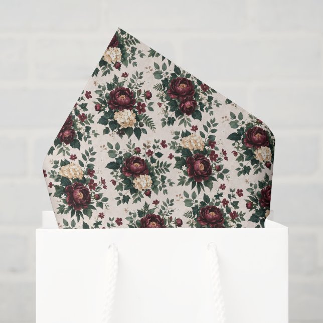 Papel de seda floral borgoña, flores decoupage (Bolsa de regalo)