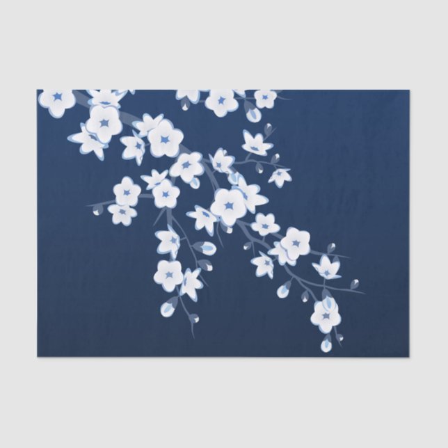 Papel De Seda Floral Cerezo en flor Flor Blanco azul oscuro (Anverso)
