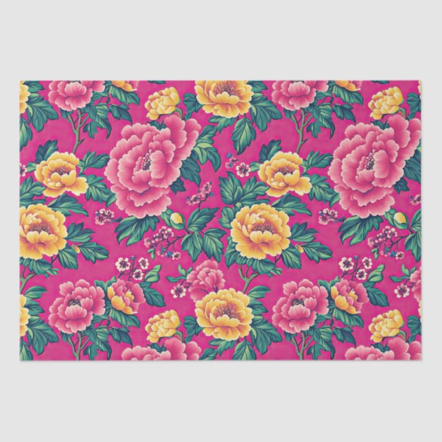 Papel De Seda Floral chinoica rosa y amarillo brillante (Anverso)