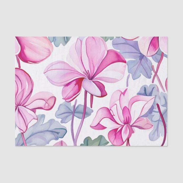 Papel De Seda Floral ciclamen en rosa y blanco delgado (Anverso)