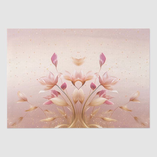 Papel de seda floral con hojas doradas rosadas (Anverso)