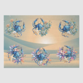 Papel De Seda Floral Costero de Playa Cangrejo Azul y Conchas De