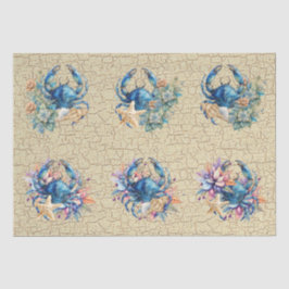 Papel De Seda Floral Costero de Playa Cangrejo Azul y Conchas De