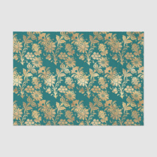 Papel de seda floral damasco dorado y verde azulad