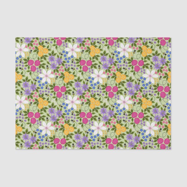 Papel De Seda Floral de abejas y mariposas (Anverso)