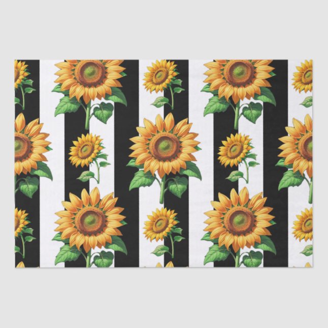 Papel De Seda Floral de girasol franjas blancas negras (Anverso)
