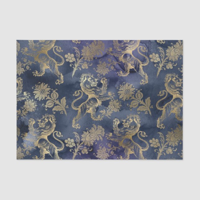 Papel De Seda Floral de león azul y oro de la marina (Anverso)