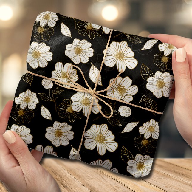 Papel De Seda Floral de oro blanco sobre negro (Subido por el creador)