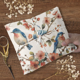 Papel De Seda Floral de Pájaro Azul Acuarela Vintage