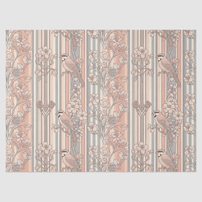 Papel De Seda Floral de Pájaro con Raya de Melocotón Elegante (2 (Anverso)