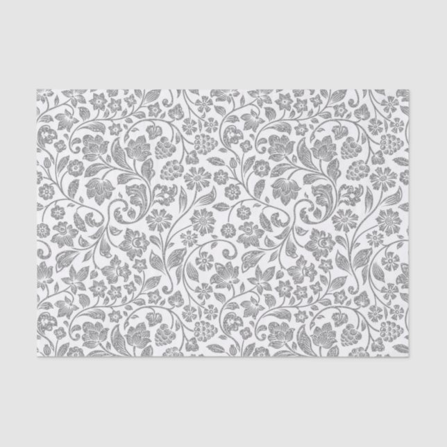 Papel De Seda Floral de plata purpurinoso en blanco (Anverso)