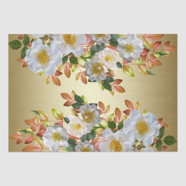 Papel de seda floral de rosas blancas doradas (Anverso)