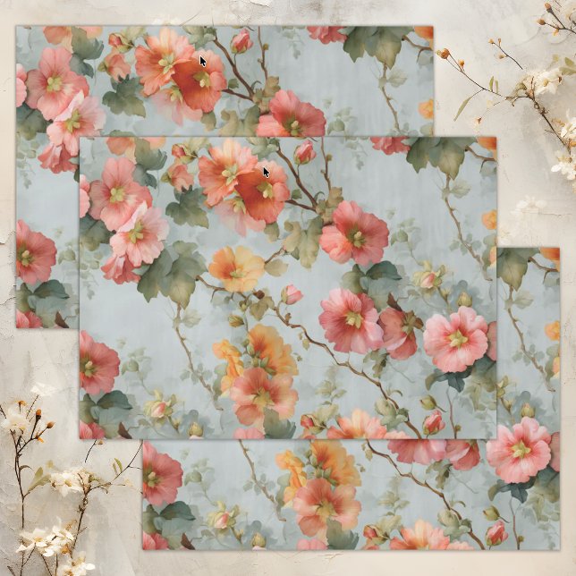 PAPEL DE SEDA FLORAL DECOUPAGE DE MALVAS ANTIGUAS (VINTAGE HOLLYHOCKS FLORAL DECOUPAGE TISSUE PAPER)
