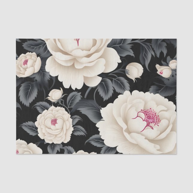 Papel De Seda Floral Elegante De Negro E Marfil (Anverso)