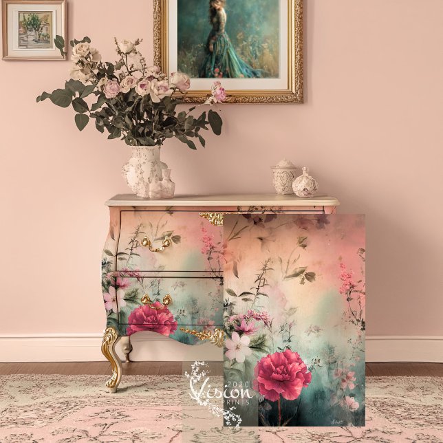 Papel De Seda Floral Etéreo Abstracto ( Ethereal Abstract Floral Art and pink carnation, Decoupage Tissue Paper.)