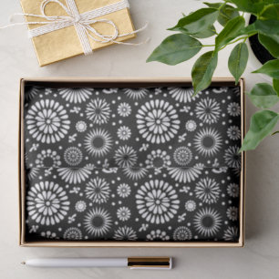 Papel De Seda Floral Folclórico Girasoles Negro y Blanco Boho Ch