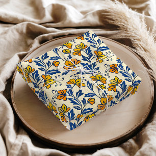 Papel De Seda Floral Folk Azul Hoja Naranja Amarillo Vintage