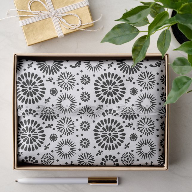Papel De Seda Floral Folk Negro y Blanco Flores Boho Chic (Regalo )