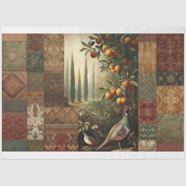 Papel De Seda Floral Frutal Faisán Campo Antiguo (Anverso)
