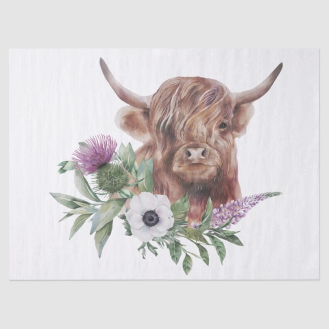 Papel De Seda Floral Highland Cow Watercolor (Anverso)