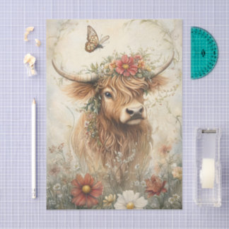 Papel De Seda Floral Highland Cow With Wildflowers Decoupage