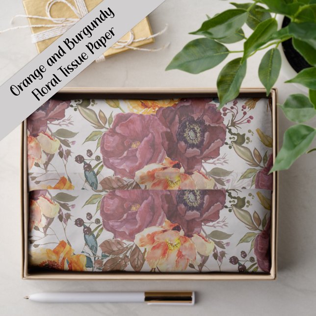Papel De Seda Floral Naranja Borgoña  (Orange and burgundy watercolor floral gift wrapping tissue paper)