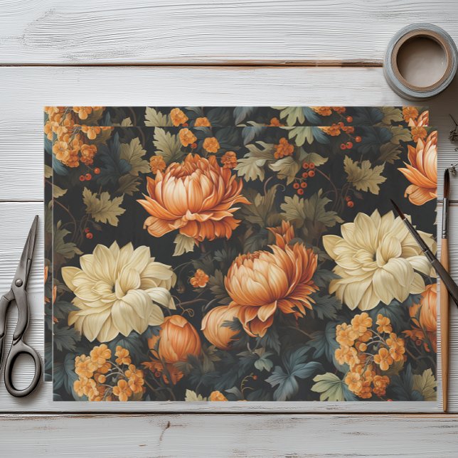 Papel De Seda Floral negra y Naranja (Elegant Fall Floral Tissue Paper for Wrapping and Decoupage)