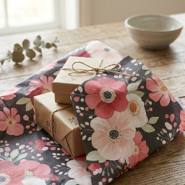 Papel De Seda Floral Negro Malhumorado y Rosa Rubor