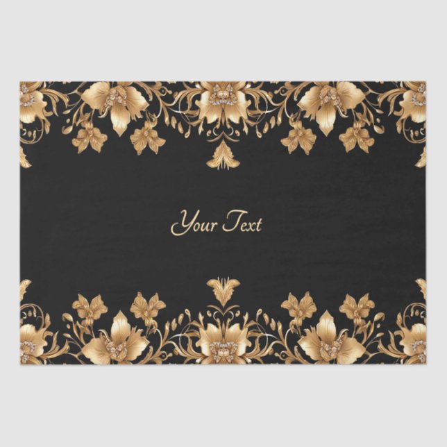 Papel de seda floral ornamentado de oro negro (Anverso)