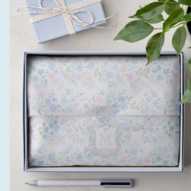 Papel De Seda Floral Personalizada Grandmillennial (personalized grandmillennial pastel pink powder blue floral family crest wedding tissue paper)