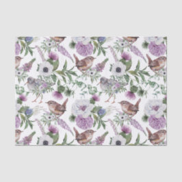 Papel De Seda Floral Purple Green Songbirds Illustration