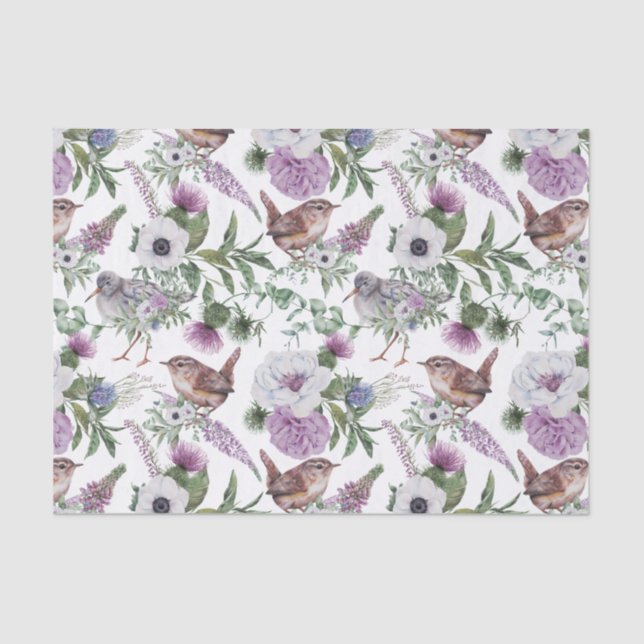 Papel De Seda Floral Purple Green Songbirds Illustration (Anverso)