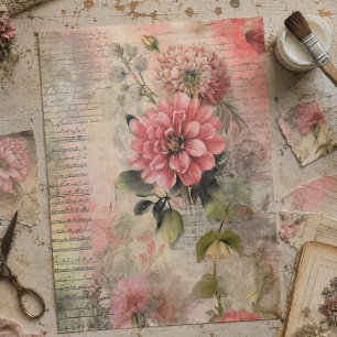 Papel De Seda Floral Rosa Antiguo, Efímera, Decoupage de Escritu