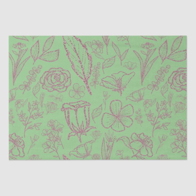 Papel De Seda Floral rosa simple en verde | (Anverso)