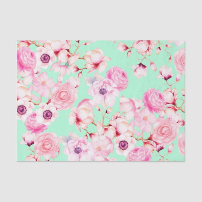 Papel De Seda Floral rosado femenino de Rubor en verde menta (Anverso)