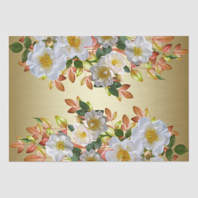 Papel de Seda Floral Rosas Blancas Dorado (Anverso)