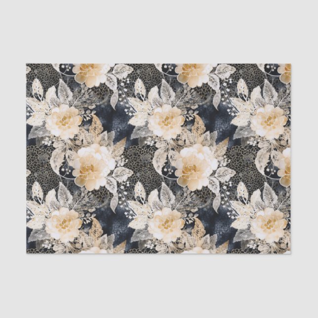 Papel De Seda Floral salvaje de leopardo negro crema (Anverso)