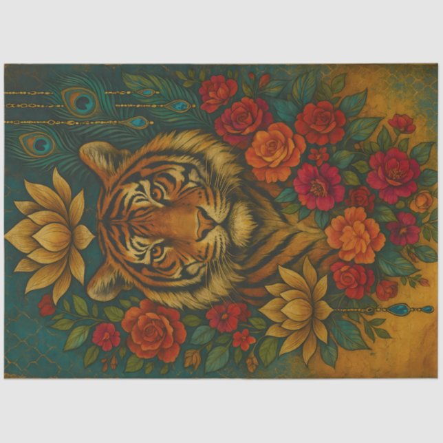 Papel De Seda Floral Tiger Portrait – Botanical Animal Decoupage (Anverso)